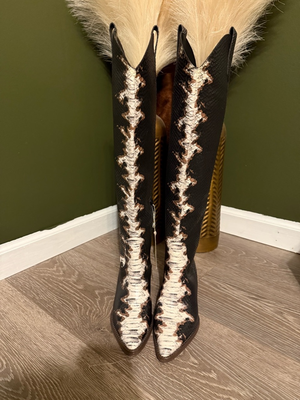 Gianni Bini Black and Cream Snake-Print Knee Boots